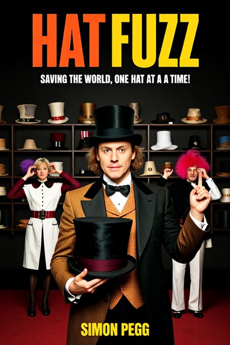 mvpstr. Epic movie poster for "Hat Fuzz", featuring Simon Pegg dressed as a quirky hat salesman, standing in front of a wall lined with various extravagant hats. Pegg is wearing a bowler hat and a mischievous grin, holding a large feathered top hat in one hand. The tagline reads, "Saving the world, one hat at a time!" In the background, you can see other characters in funny poses, trying on bizarre hats. The whole image has a whimsical, comedic vibe, with bold, colorful lettering reminiscent of classic action-comedy posters. <lora:schnell_v1.0:1.0> <lora:EpicMoviePoster-000015:0.8>