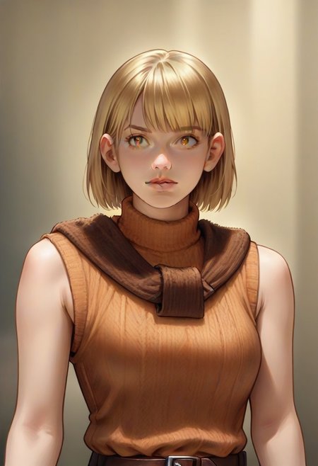 <lora:ashleygraham:0.9>, ashleygraham, photorealism, 1girl,solo,blonde hair,bob cut,bangs, golden eyes,orange turtleneck,sleeveless,brown sweater over shoulder,,green plaid skirt,brown belt, ,,,