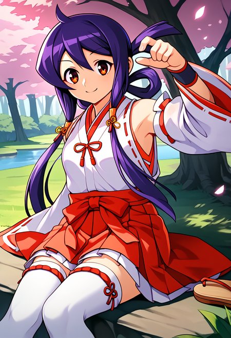 score_9, score_8_up, score_7_up, BREAK source_anime, best quality, masterpiece,very aesthetic, zPDXL2,official art,detailed_eyes,1girl, solo,
kaidou_akane, purple hair, red eyes, long hair, sidelocks, teenage, 
sarashi, ribbon trim,sarashi, red ribbon, white detached sleeves, white japanese clothes, red short hakama, red skirt, white thighhighs, miko, zettai ryouiki, sandals
<lora:kaidou_akane_pony_v1:1>
( sitting:1.3),(dynamic pose),
smile, closed mouth,
looking at viewer,(cowboy shot,:1.4 ),
outdoors, forest