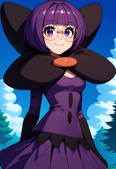 score_9, score_8_up, score_8, medium breasts, (curvy), cute, eyelashes,       ,,, , ,,, zzShauntal, purple eyes, bob cut, glasses, round eyewear, short hair, blunt bangs, purple hair, elbow gloves, purple skirt, skirt, bow, dress, large bow, <lora:Shauntal_Pokemon_PDXL:1.0>,  ,,,, BREAK, smile, looking at viewer, cowboy shot, ,,, outdoors, sky, day, cloud, tree, blue sky, sunny,  ,,, Expressiveh, ,,, <lora:Alola_Style_PDXL:0.8>, <lora:Expressive_H-000001:0.4>,