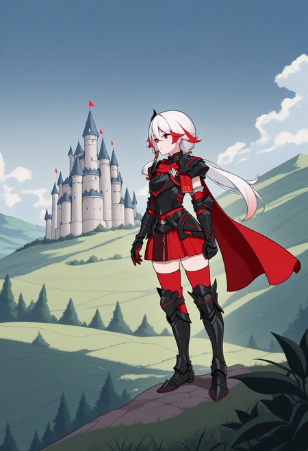 masterpiece, best quality, 1girl, solo, HuaSwAFi, red eyes, white hair, red streak, low ponytail, hair ornament, black armor, red cape, black gauntlets, red skirt, red thighhighs, black armored boots, outdoors, nature, wide shot, hill, castle, <lora:ChamFuHuaNoob:1>
