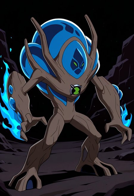 masterpiece, best quality, amazing quality, very aesthetic, absurdres, newest,
,ultswam, standing, pokemon (creature), solo, green eyes, monster, brown skin, alien, massive arms, no humans, 
black desert, black sand,  blue fire, blue flames, shooting fire, pose,
