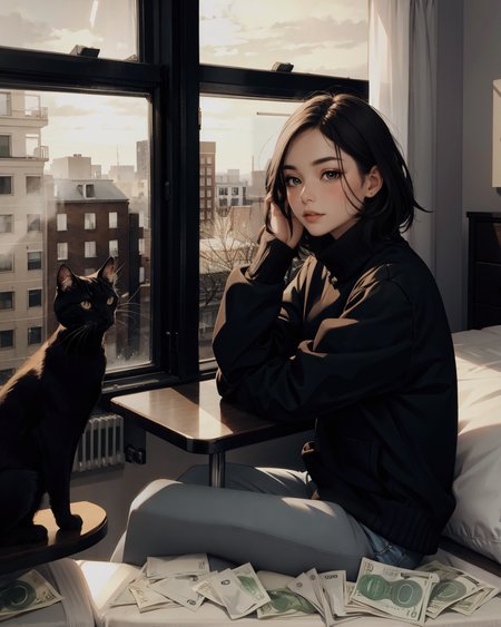 (style of Annie Leibovitz) woman sitting on her bed counting money, bills stacked in front of her, black cat sleeping next to her, bills separated by denomination, modern apartment, messy, soft natural lighting, casual clothing, slight smile, contemporary bedroom decor, unmade bed, scattered magazines, urban view from window, morning light, cozy yet cluttered atmosphere