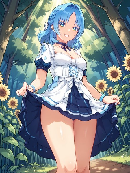 score_9, score_8_up, score_7_up, source_anime, BREAK
(detailed face, detailed eyes, cowboy shot:1.5), (beautiful forest garden, surrounded by sunflowers, field of sunflowers, perfect lighting, god rays, bloom:1.5),  outdoors, daytime, bending forward, from side, teeth, (pov:1.3), (gentle smile:1.5), (perspective, dutch angle:1.5), BREAK
<lora:Genshin_NPC_MaryAnn_Pony_v1:0.8>, (long eyelashes, thick eyelashes:1.5), 1girl, solo, shiny hair, (blue hair:1.1), parted bangs, shiny blue eyes, blue nails, nail polish, toenail polish, bow, ribbon, jewelry, collarbone, cleavage, choker, medium hair, puffy white sleeves, short sleeves, white dress, (frills, lace:1.5), french braid, (bracelets:1.3), hair intakes, medium breasts, lips, (thighs, bare legs:1.5), skirt tug, skirt lift,