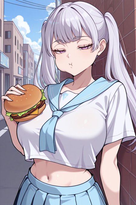 masterpiece, best quality, 1girl, solo <lora:noellesilva-illu-nvwls-v1-000006:1> nslva, silver hair, twintails, long hair, large breasts, purple eyes, white t-shirt, blue sailor collar, blue skirt, pleated skirt, navel, holding burger, bored, half-closed eyes, street, blue sky, looking at viewer, puffy cheeks
