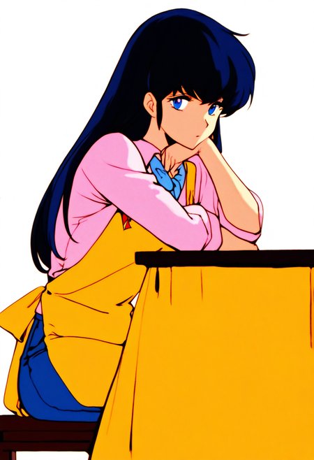 1girl, solo, otonashi_kyouko \(maison_ikkoku), blue eyes, long hair, purplish-blue hair,
arm rest, 
sitting, table,
shirt, apron, 
(high_contrast,drop_shadow,chromatic_aberration:0.2)
(happoubi jin:0.2), (ask \(askzy\):0.2), (pija:0.2),(remsrar:0.2),
masterpiece, best quality, absurdres, highres, sensitive, intricate detailed,  <lora:Kyoko_Otonashi:0.7>