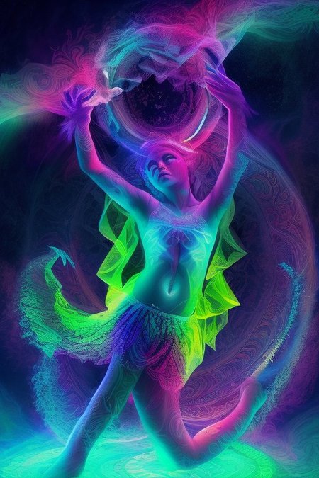 Ice girl dances in the snow, beats a tambourine. Arctic, The night sky with the aurora borealis (An image with very contrasting and vivid psychedelic colors) (OverallDetail, DaSa, psychedelic)