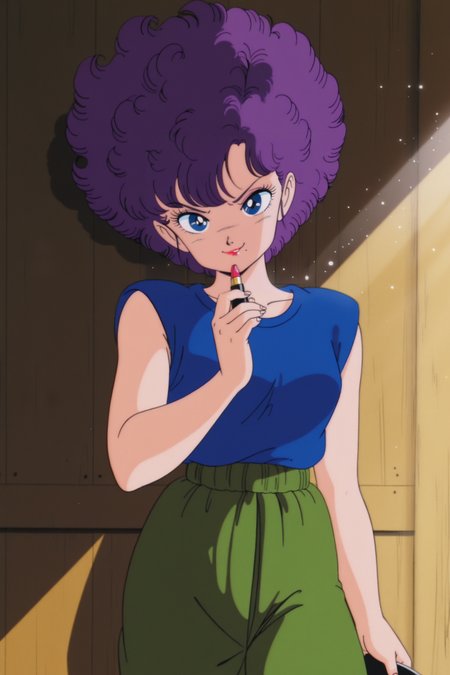 anime screencap, masterpiece, best quality, amazing quality, very aesthetic, absurdres,  newest, (scenery, volumetric lighting), official style, light particles, light rays, dappled sunlight,
ranfan, 1980s \(style\), anime coloring, retro artstyle, world martial arts arena, 1girl, solo, breasts, looking at hand, smile, short hair, curly hair, purple hair, blue eyes, makeup, mole under mouth, sleeveless, blue tank top, sweatpants, green bottomwear, cowboy shot, holding lipstick tube, lipstick on lips, wall, v-shaped eyebrows, fingernails, cosmetics, holding mirror
 <lora:Ranfan_IL:0.8>