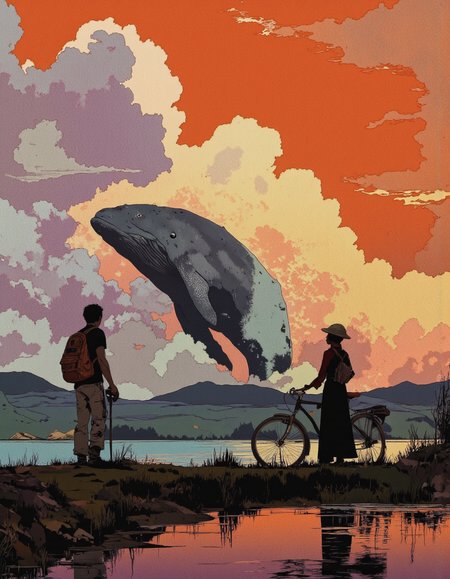 By Phandigrams.
A digital illustration shoot from a bird's eye view about a dramatic sunset scene featuring two silhouetted figures standing on a grassy hill overlooking a river, with a large, majestic whale in the distance. the scene is set against a vibrant orange and pink sky filled with fluffy, billowing clouds. on the left side of the image, a man stands with his back to the viewer, wearing a backpack and holding a bicycle, while on the right side, a woman stands with her back turned towards the viewer. the man appears to be a adult, with short hair and a serious expression on her face. the woman is wearing a hat and a long dress, and her hair is tied back in a neat bun. she is holding the man's bicycle with both hands, and they are standing close together, looking out over the river. the river below is calm and reflects the warm colors of the sky, creating a serene and peaceful atmosphere. the overall scene is a captivating representation of a beautiful sunset, with the man and woman standing on the hill overlooking the river and the whale.