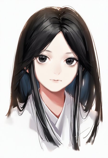 solo, long hair, black hair, white background, simple background, black eyes, closed mouth, looking at viewer, upper body, parted bangs, 1girl, bangs <lora:solaXL_NBVP1_lokr_V6311PZ:0.95>