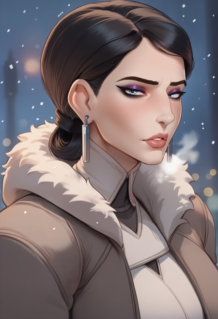score_9, score_8_up, score_7_up, score_6_up, 1girl, <lora:volskayaOW-ponyxl-beta3-10:1>, mature female, single hair bun, earrings, makeup, puckered lips, :o, looking ahead, <lora:cutesexyronutts_style_xl:0.8> csr style, serious, light blush, bokeh, snowing, white clothes, turtleneck, huge breasts, (breath), hood, hood up, fur trim, winter clothes, winter coat, brown coat, sigh, nose, black hair, cold,