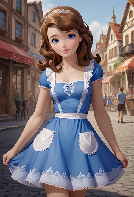 18 years old,medium breast, at town,high quality, 8k,best quality, HD, sexy pose, 1girl, long hair, brown hair, blue eyes,sofia_the_first, provocative , SSU,blue dress, lace apron, short dress,revealing outfit,