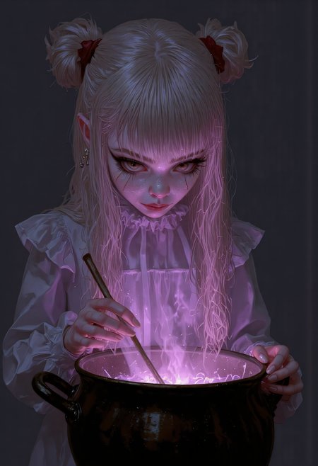 (An adorable version of a cute witch), [cowboy-shot, focused], [slender and toned figure], [long blonde hair up in a messy bun], brewing a love potion in a steaming cauldron, stirring the cauldron, [tiny pink hearts floating up from the bubbling liquid with the pink mist], [pale green eyes focusing on the cauldron], wearing a sundress, a cute witch's cottage background, [magical, dreamy atmosphere], [morning setting, soft whispers of a breeze], [a sense of enchantment], detailed drawing, swms, aidmaHalloweenBoost   <lora:FLUX - Surreal_Photo (Glitter):0.8> <lora:FLUX - HalloweenBoost ( aidmaHalloweenBoost ):1><lora:FLUX - SWMSF - Styles for FLUX ( detailed drawing, swms ):1>