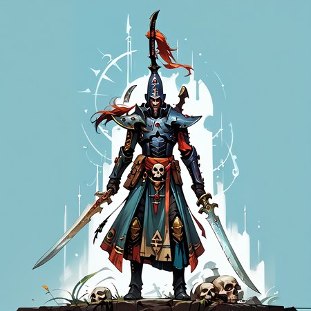 score_9, score_8_up, score_7_up, score_6_up, score_5_up, score_4_up, source_anime, <lora:aeldari_Pony_2:1> aeldari, drukhari, standart drukhari, drukhari's armor, solo, 1boy, holding, standing, weapon, male focus, sword, holding weapon, blue background, holding sword, gauntlets, skull, full armor, helmet, drukhari's helmet, armor