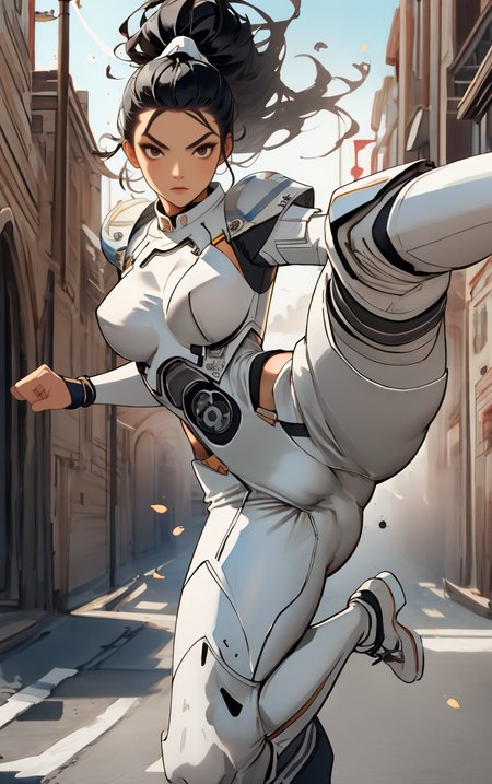 ((masterpiece, best quality)),  solo, looking at viewer, amazon_woman whit black hair wearing spacesuit, long hair, "Grimace", "Pompadour hairstyle" hair, "Kicking one leg up" pose , skin tight,  depth of field, light particles,
 <lora:GoodHands-beta2:1>,
<lora:BrazilianWomanAmazon_V1.0:1>,
<lora:muscle_slider_v1:2>,
<lora:weight_slider_v2:-1>,
<lora:hair_length_slider_v1:1>,
 <lora:spacesuitV1.0:0.6>,
 <lora:wuxia2:0.6>,
 <lora:Background_Detail_v3:1>,
<lora:IvoryGoldAIv2:0.7>