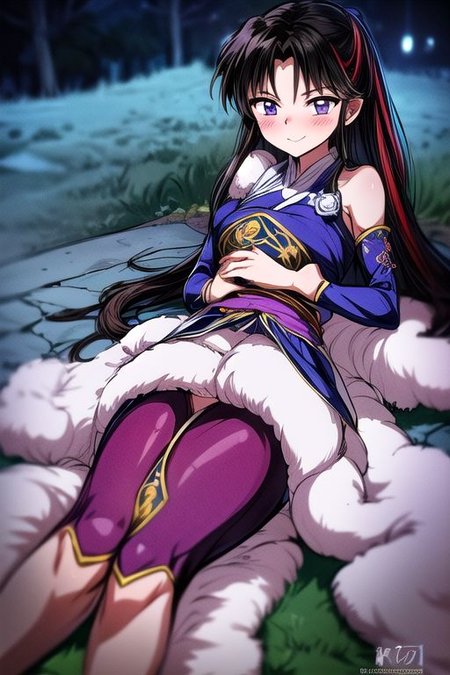 masterpiece,  best quality 1girl Setsun4 solo long hair,  (night time) forest background black hair very long hair purple eyes multicolored hair armor (fur trim) (medium body),<lora:EMS-179-EMS:0.800000>,<lora:EMS-293862-EMS:0.800000> bow, hair_bow, hair_tubes, red_bow, brown_hair, long_hair, bangs, ascot, frilled_bow, yellow_ascot, blush, smile, hair_between_eyes, athletic, armor, miko, ,(((intricate outfit,intricate clothes,embroidered outfit,ornate outfit,embroidered clothes,ornate clothes))), laying down, lying down