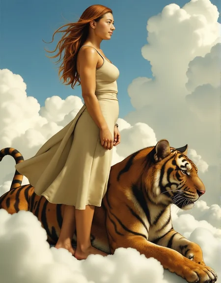 <lora:jiraiyaMAN:1>  A young woman with flowing, reddish-brown hair, stands atop a large egyptian sphynx head with exaggerated features and rough textures.  Her pose is one of contemplation, gaze directed upwards, light and airy, floating amidst clouds. She wears a simple, light beige, flowing dress that billows gently.   the tiger is sitting beside her.  The tiger, rich orange-brown in color, is detailed, exhibiting a sense of quiet alertness. Soft, muted colors and a subdued palette dominate the image, creating a dreamlike and contemplative atmosphere. Light sources are diffused and diffused throughout the clouds, creating a sense of ethereal ambiance.  A sense of serenity and contemplation are prominent, reflecting a quiet, introspective mood.  The composition is a careful layering of figures and objects, showcasing the artist's mastery in subtle lighting and texture.  Impressionistic, dreamlike style with a focus on mood and emotion. Soft, diffused light highlights the woman and creature, subtly casting soft shadows.  The image's perspective is a unique mixture of vertical and diagonal lines, giving a sense of height and depth.  Cloud formations and muted color palette enhance the overall ethereal mood.  The overall style and atmosphere feel akin to fairytale illustration or surreal art.