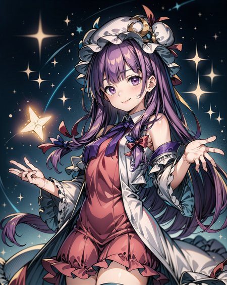 <lora:Patchi V1:1>, 1girl, solo, Patchi, purple hair, purple eyes, cowboy shot, blunt bangs, frills, mob cap, casting magic, magic powers, starry sky, evil smile, glowing eyes, sparks, <lora:add_detail:0.65>, masterpiece, best quality