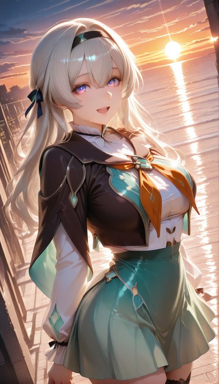 <lora:LCMTurboMix_Euler_A_fix:1> <lora:example_SDXL:0.3>, EZRealPONYXL, <lora:Dramatic Lighting Slider:3> <lora:realistic filter [IL]:1>
DSLR,realistic,cosplay photo, (very awa,masterpiece,best quality,year 2024,newest,absurdres,highres:1), realistic,skin texture,facial features, photography shot with Canon EOS 5D Mark IV , realistic, RAW, best quality, masterpiece, amazing quality, skin details,
1girl, highly detailed beautiful face, large natural breasts,
detailed background, shiny skin, dutch angle, night, moonlight,
beautiful detailed eyes, intricate details, absurdres, anime screencap,
 <lora:Hotaru_HonkaiStarRail_ILXL_kill0825:1>
HSHotaru, 1girl, solo, long hair, breasts, looking at viewer, smile, open mouth, blue eyes, shirt, large breasts, skirt, long sleeves, hair ornament, thighhighs, ribbon, hair between eyes, medium breasts, jacket, purple eyes, white shirt, white hair, grey hair, hair ribbon, sidelocks, thighs, :d, outdoors, cowboy shot, pleated skirt, hairband, sky, black thighhighs, neckerchief, zettai ryouiki, hair intakes, black hairband, green skirt, cropped jacket, brown jacket, sunset, multicolored eyes, sun, gradient eyes, orange sky, orange neckerchief, blue pupils, miniskirt, black jacket, evening