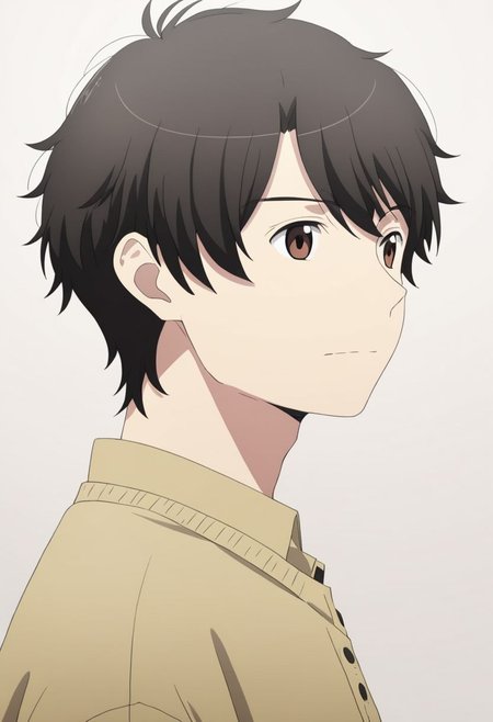 high resolution, solo, best quality, 1Boy, Inaho Kaizuka, Black Hair, Brown Eyes, potrait, dark shirt, looking at viewer, focused gaze forward, simple background, straight body, upper body, head upright, happiness, OverallDetail