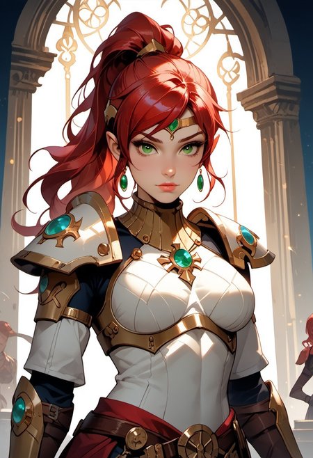 Stable_Yogis_PDXL_Positives, (score_9, score_8_up, score_7_up), ((zPDXL3)), ((zPDXLxxx)), ((face focus, eye focus, dynamic angle, motion)), 1girl, solo, fantasy, (pyrrha nikos, red hair, green eyes), (eldar, armor), (Aeldari armor, streamlined armor, full body armor, power armor), red hair, ponytail, pointed ears, breathless intimacy, tanned skin, petite model bombshell, heart, young, delicate features, narrow pointy nose, tiny nose, lust, big eyes, seductive eyes, detailed skin, flared lashes, mascara, makeup, perky huge breasts, athletic body, narrow waist, skinny hips, 
warm light, detailed, neon dark party
 BREAK
milky way, runes, arcane, astral, surreal, ethereal glow, masterpiece, best quality, intricate design. colorful, moonlit nightsky, stained glass aesthetic, moody whimsical color palette, murano glass, bold soldering lines, volumetric light shining through, crepuscular rays, intricate craftsmanship, detailed texture, luminous transparency, reflective light play, vivid hues, atmospheric depth, enchanting silhouette, art nouveau,