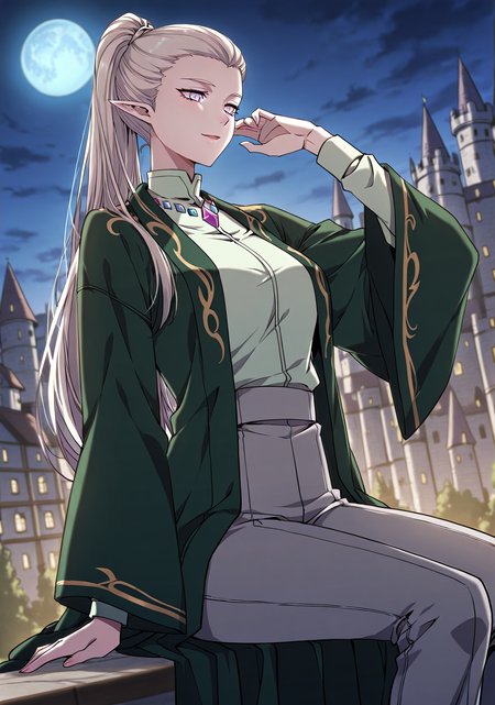 <lora:Alanis_Emeria__The_Beginning_After_the_End__Illustrious:1>
Alanis_Emeria_green_uniform_elf_gems, 1girl, solo, long white hair, ponytail, pointed ears, elf, pale skin, violet eyes, narrow eyes, green jacket, loose jacket, gold trim, wide sleeves, light green high-collar shirt, gemstone collar, purple gem, blue gem, gray pants, formal outfit, fantasy uniform
score_9, score_8_up, score_7_up, very aesthetic, source_anime, detailed, high quality, beautiful, masterpiece, detailed eyes, castle, village, blurry background, cityscape, pose dynamic angle, light smile, open mouth, hand on hair, sitting, night, blue moon