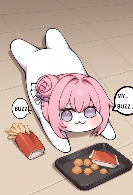 masterpiece,best quality,ultra high res,
1girl,
apu spills his tendies (meme), looking at viewer, blush, lying, food, on stomach, tray, tearing up, french fries, tripping, fallen down,
 doro, :3, chibi, no pupils, solid circle eyes, full body, white skin, all fours, dorothy \(nikke\), pink hair, purple eyes, single side bun, hair bow, purple ribbon,speech bubble