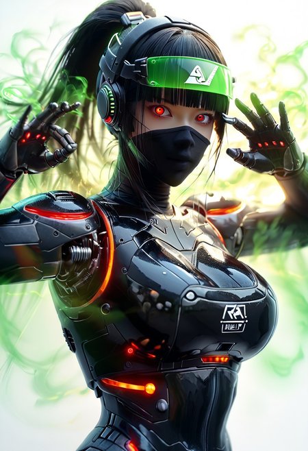 score_9, score_8_up, white background, looking at viewer,
1girl, robot girl, mechanical girl, translucent skin, black body, beautiful smooth skin, chromic light, black hair, long hair, android girl, human looking android, head mounted display, head visor, transparent visor, 
large breasts, curvy, cowboy shot, beautiful eyes, black headband, green head accessories,  random pose, blunt bangs, hime-cut, black carbon fiber, korean facial features, neon lights, ponytail, red eyes, ninja mask, sidelocks, face mask, female robot ninja,
auralora, green aura, colorful, glowing, IrradiateMorph