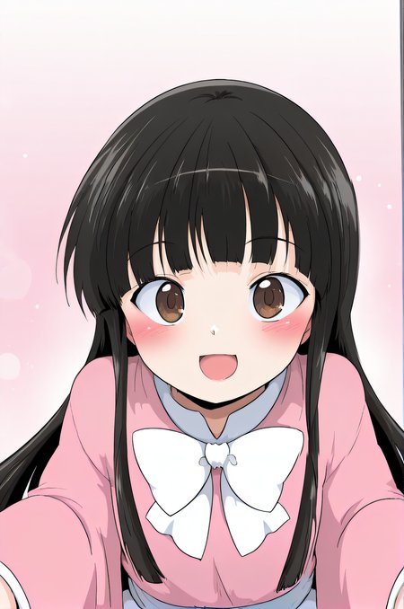masterpiece, best quality, 1girl, solo, original artstyle, official artstyle, <lora:MikazukiNeko:1>, mikazukineko, long black hair, open mouth, white bowtie, wide sleeves, pink shirt, smile, brown eyes, blush, hime cut, long sleeves, upper body, looking at viewer