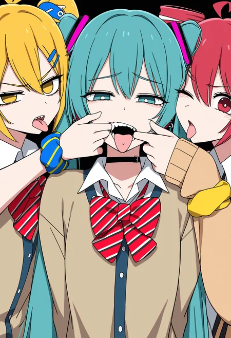 multiple girls, 3girls, kasane teto, hatsune miku, akita neru, 
channelstyle, side ponytail, drill hair, shirt, wrist scrunchie, scrunchie, blonde hair, tongue out, white shirt, tongue, bow, twin drills, red hair, one eye closed, choker, yellow scrunchie, bowtie, collared shirt, hair ornament, blue eyes, black choker, yellow eyes, red eyes, twintails, red bow, white pupils, long hair, aqua hair, hairclip, bright pupils, red bowtie, looking at viewer, striped bowtie, finger to mouth, cardigan, mouth pull, brown cardigan, school uniform, finger in own mouth, striped bow, furrowed brow, teeth, aqua eyes, striped clothes, ahoge, open mouth, hands on another's face, upper body, half-closed eyes, piercing, blush, ear piercing, simple background
channel \(caststation\) \(cosplay\), cosplay,
masterpiece, best quality
 <lora:ChannelStyle-RASF-000100:1>