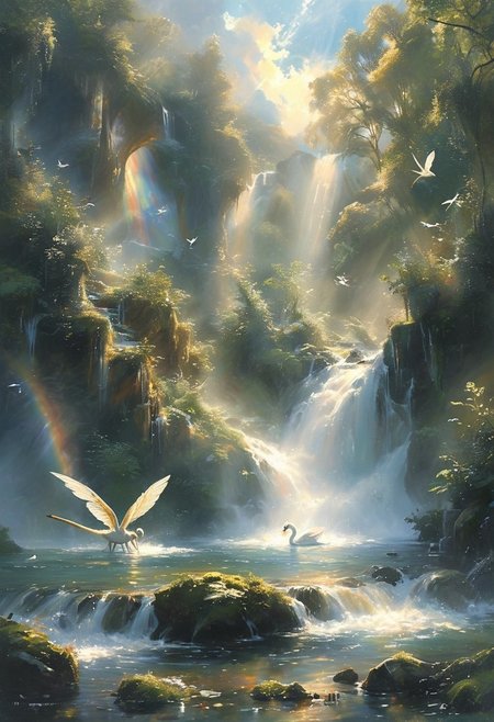Envision a breathtaking waterfall cascading into a crystal-clear pool surrounded by lush greenery. The pool is home to magical water creatures, including playful water sprites and elegant swans with feathers that shimmer in shades of silver and gold. Mist rises from the waterfall, creating rainbows in the sunlight. Curious frogs with iridescent skin leap from rock to rock, while dragonflies with jeweled wings flit above the water. The sanctuary is a hidden paradise, inviting all who enter to experience the tranquility and magic of this enchanting world