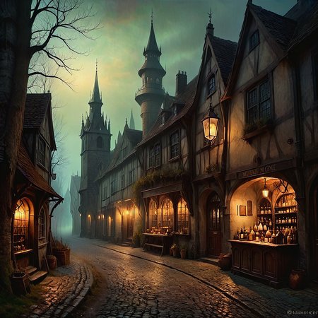 An old apothecary's workshop, selling potions, on a meandering cobblestone street. A spire rising at the end of the street.

Dusty. Musty.

Fantasy style. Fantasy dreamlike art. 

Atmospheric, rustic, moody, misty.

<lora:Tonalism01b_CE_XL_300-OT:0.7> tnlsmCE_style