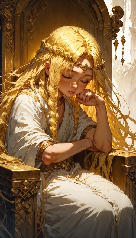 score_9, score_8_up, score_7_up,  1boy,solo focus,solo, miquella, blonde hair,crown braid,multiple braids,yellow eyes, white robe, gold armlet,circlet, sitting on a throne, sleeping, cute, soft lighting, divine light,  <lora:Expressive_H-000001:0.8>, expressiveH     <lora:Fant5yP0ny:0.9> <lora:Pony_DetailV1.0:0.9> <lora:miqeulla:0.8>