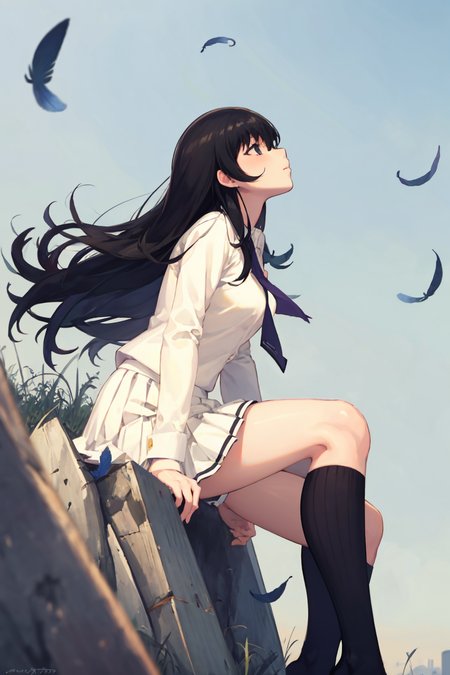 touko, 1girl, solo, skirt, looking up, school uniform, sitting, kneehighs, from side, feathers, necktie, black socks,egg <lora:touko:1>