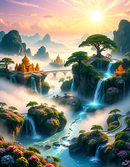 A mesmerizing celestial background featuring an otherworldly paradise. Towering crystalline mountains with peaks that glow softly under a sky painted in shifting hues of iridescent blues, pinks, and golds. Rivers of liquid light flow through vast, open meadows filled with luminescent flowers that pulse with a gentle glow. Gigantic, translucent trees with silver leaves sway in a breeze that carries floating particles of golden dust. Suspended bridges made of shimmering energy connect ancient, floating monoliths engraved with intricate celestial patterns. In the distance, an enormous radiant waterfall cascades into a bottomless, mist-covered abyss, reflecting the surrounding ethereal glow. A tranquil atmosphere, untouched and divine, filled with an overwhelming sense of wonder and serenity.
<lora:SDXLFaeTastic2400:0.4> <lora:extremely_detailed:0.4> extremely detailed, <lora:heavenly_l4ndsc4p3:1>,heavenly l4ndsc4p3, Masterpiece,best quality,hi res,8k,hi res,8k,award winning,(sharp focus, intricate, highly detailed),