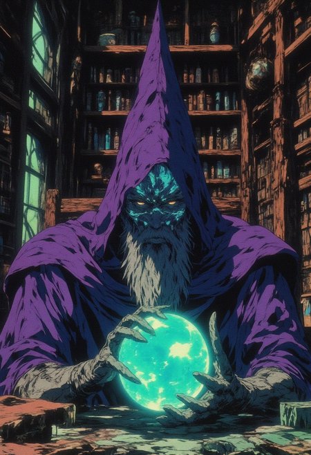 In the dark corner of his ancient study where walls are aligned with books and tombs of ancient knowledge sits a wizard. He gazes upon his crystal ball that glows with a turquoise splendor. His deep purple robes hiding his visage. A long grey beard show the extend of his wisdom to the world. His face lit up from his crystal ball. The room itself is aglow with a feint eerie lime green glow that eminates from off screen. anime, cyberpunk, ne0nfant4sy, style of Edwin Austin Abbey, Anime style