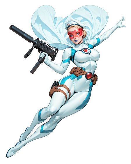 solo, (full body shot, wide shot:1.2), 1girl, (30 year old Russian woman:1.2), beautiful female cyborg spy, fair skin, (white with light blue accents superhero bodysuit with armor padding:1.3), white body armor vest, thigh pistol holsters, white cloak, white military beret, cyborg, cybernetic seams, utility belt, blue eyes, epic red visor, blonde hair, hair bun, white arm length gloves, slim waist, (toned body:1.1), (large breasts:1.2), wide hips, ultra detailed face, (blue lips:1.2), confident closed mouth smile, strong jaw line, white thigh high superhero boots, (shooting a mac-10 machine pistol with a suppressor:1.2), white background, (dynamic pose, dynamic composition, dynamic angle:1.2), digital painting, masterpiece, best quality, very awa, absurdres, 8k, comic art style, detailed,

ArsMJStyle, Colored pencil hyperdetailed realism, masterpiece, very aesthetic, G0thicL1nes, C0M1C5 Style, c0m1c5 style, (borderless), cgstyle, SUP3RH3R0 Style, sup3rh3r0 style, comic art style, C0M1C5 Style, c0m1c5 style, SMG-0  