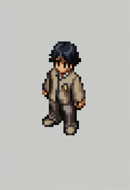score_9, score_8_up, score_7_up, source_anime, BREAK, solo, 1boy, <lora:FFT-SpritesV2-pdxl_Fp:1>, looking at viewer, straight-on, full body, standing, solid oval eyes, no mouth, no nose, pixel art, from side,  <lora:Naoya-pdxl_Fp:1>, naoyap1, school uniform, grey pants, single earring, emblem, black hair, black eyes, hair between eyes, grey shirt,