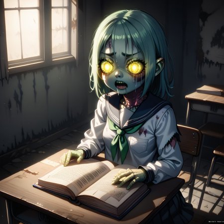 indoors, sitting at a desk reading a book, in a dark abandoned classroom, a zombie girl with glowing eyes, pale green skin, rotting flesh, stitches, and a torn school uniform, drooling