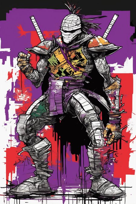 Jim Mahfood Style - Create a Full body, 2D Flat, 1987, Todd McFarlane cartoon style illustration of Shredder in the style of Jean - Michel Basquiat. Use bold lines and abstract shapes to depict the Ninja Turtle Villain. Incorporate Basquiat's signature style of street art and graffiti. Include shadows and depth. Dark City rooftop vibe. Consider using a mix of bright colors and black and white to create a striking image. Hints of purple and red