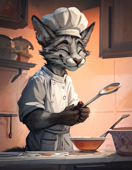 furry grey cat wearing a chef's outfit and chef's hat, kitchen, soup pot, ladle, whiskers, cat ears, grey and white tabby marks, tail, soup tasting, eyes closed,  
 <lora:by_kenket-v2s600:1> by kenket <lora:Jacato_Style_Pony:0.8>, score_9, score_8_up, score_7_up, score_6_up, score_5_up,