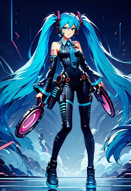 score_9, score_8_up, score_8, medium breasts, (curvy), 
zzCitronLegacy, 1girl, blue theme, bodysuit, hatsune miku, identity disk, long hair, necktie, solo, twintails, very long hair, vocaloid, weapon,
neon glow, 
zPDXL, Expressiveh