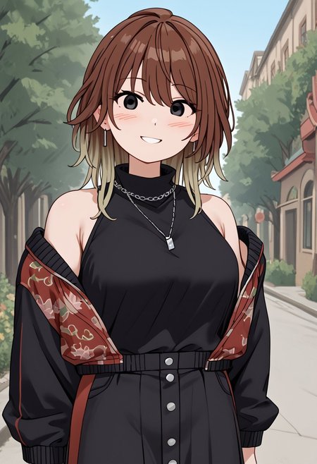 score_4,score_5,score_6,score_7_up,score_8_up,score_9 ((masterpiece,best quality,ultra detailed,highres,HD,4k:1.2)), 
1 cute girl,solo,girl forcus,solo forcus, 
jyuukyuu, flat color, deformed, deformed characters, round face,mob face,black eyes, eyes filled with black,
aketa mikoto, gradient hair, Reddish brown hair, blonde hair, multicolored hair,jacket, off shoulder, floral print jacket, black sleeveless turtleneck, black skirt, necklace,
smiling, blushing,