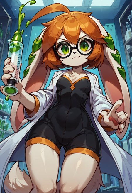 score_9,score_8_up,score_7_up,score_6_up,score_5_up,score_4_up, 1girl, (wide hips),upside down view,smooth Anime,anime style, fit body, milla basset, long ears, snout, two green gems on each ear, furry tail, orange hair, green eyes, small breasts, (white fur, colored body, detaild face), white coat, black romper, square safety glasses, holding a test tube with green liquid, concentrated, looking at test tube, laboratory background, happy, arms in front of chest, (solo, 1girl), closed mouth, serious face