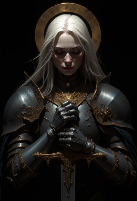 A close-up of a white-haired female knight in polished silver armor. Her head is slightly tilted back, and her eyes are closed as if in deep contemplation or prayer. She holds the hilt of a sword with both hands, the blade pointing downwards. The sword has intricate golden details on the guard and pommel. A golden halo hovers behind her head, adding a divine, holy feel to the image. The lighting is soft but focused on her face and the sword, creating a serene and reverent mood. The background is completely black, adding contrast and emphasizing the figure.    <lora:dark_fantasy_flux:0.83> <lora:FredFraiStyle-FLUX-Share:0.63> <lora:sxz-Dark-Fantasy-v2-Flux:0.33> drkfnts style,