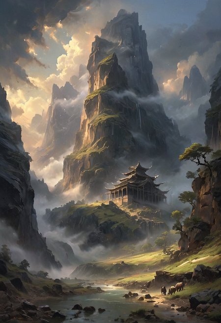 View from a rocky ledge to a massive, weathered ark resting between two high, jagged hills. The scene is shrouded in a thick, ominous fog, with an eerie stillness in the air. The ark, appearing ancient and majestic, looms large against the chaotic swirl of dark clouds above. The sky is filled with ominous, swirling clouds, casting deep shadows over the landscape. Animals of all kinds are faintly visible through the mist, gathering in pairs and moving towards the ark. The overall scene evokes a sense of awe and solemnity, capturing the profound moment of Noah's Ark amid the turbulent surroundings. [romantic impressionism,dream scenery art,beautiful oil matte painting,romantic,style of thomas kinkade,beautiful digital painting,anime landscape,romantic painting,dreamlike digital painting,colorful painting,beautiful gorgeous digital art,style of greg rutkowski,janek sedlar,jenny saville:0] <lora:vivid_everclear:0.6>  <lora:Sinozick:1>