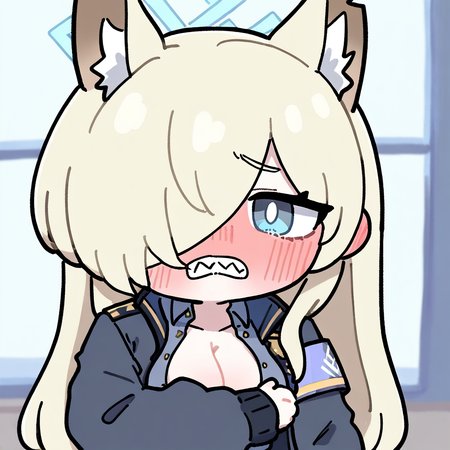 1girl, kanna \(blue archive\), chibi, chibi, solo, embarrassed, from front, teeth, looking to the side, shy, full-face blush, one hand covering breasts, white pupils, floating hearts, indoors, cleavage, unbuttoned, upper body, best quality, amazing quality, best finished, <lora:NAImiyao:1>