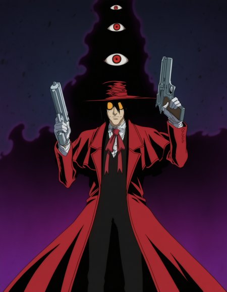 masterpiece, absurdres, best quality, refined digital art, art by artist,
1boy, alucard, hellsing, hat, jacket, white shirt, sunglasses,pointing gun, detailed large pistol, trigger discipline, dark magic, dark energy is swirling around the scenery, extra eyes, red eyes, cinematic,
anime screencap, character art, 1other, dark silhouette, 
<lora:Hellsing classic Illustrious:0.5>