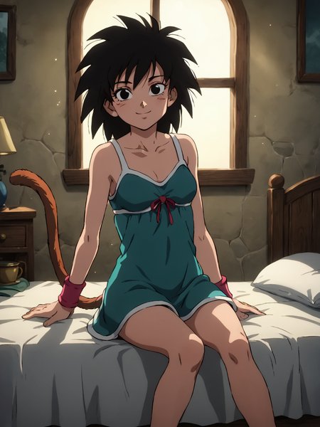 score_9, score_8_up, score_7_up, BREAK, G1n3, 1girl, solo, black hair, black eyes, spiked hair, wristband, monkey tail, 1girl, sitting, bed, bedroom, morning light, soft shadows, negligee, relaxed pose, cozy, backlight, dreamy mood, window light, casual, intimate atmosphere, smile, looking at viewer  <lora:Gine_P:0.8>