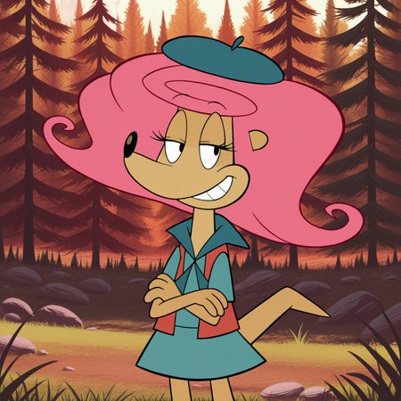 8k, uncensored, masterpiece, best quality, highly detailed, cartoon, 1girl, solo, PatsyCL, furry, anthro, mongoose, pink hair, black eyes, black nose, tan skin, medium tail, teeth, smile, closed mouth, dark-blue beret, blue topwear, scout outfit, (looking at viewer, standing, grass, forest, trees, front view, detailed background, flat chested, ((4 fingers)), (arms crossed) feet out of frame, blue skirt,  short female, (afternoon), narrowed eyes, hands on own cheek, one tone body